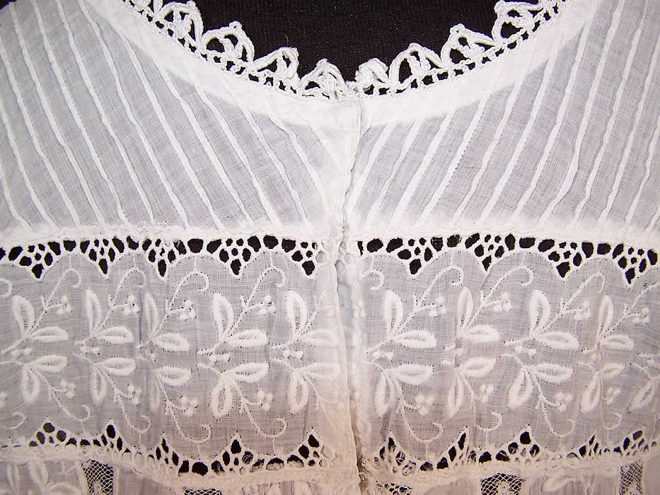 Edwardian White Lace Batiste Embroidered Babydoll Dress back close-up view.