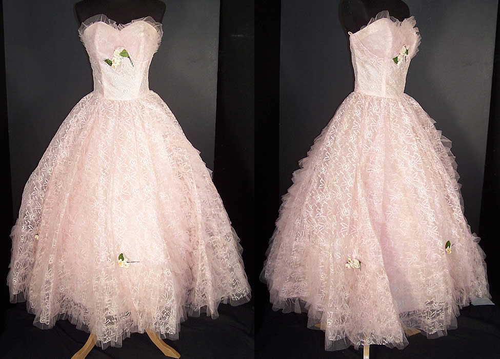 Vintage Rosette Pink Lace Tulle Net Formal Gown Dress  Front view.