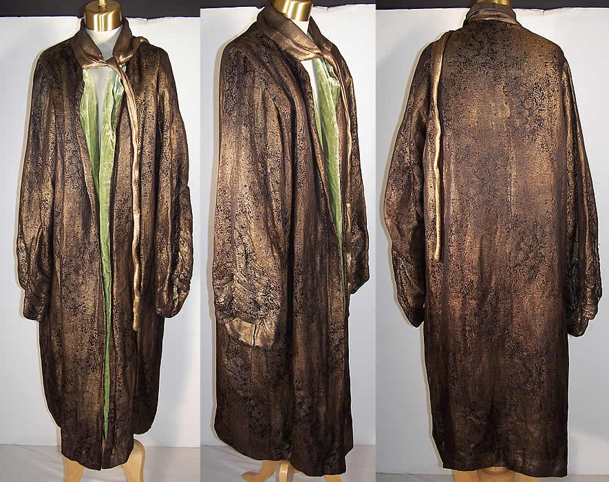 Art Deco Gold Lam&eacute; Green Velvet Cocoon Opera Coat Front view.