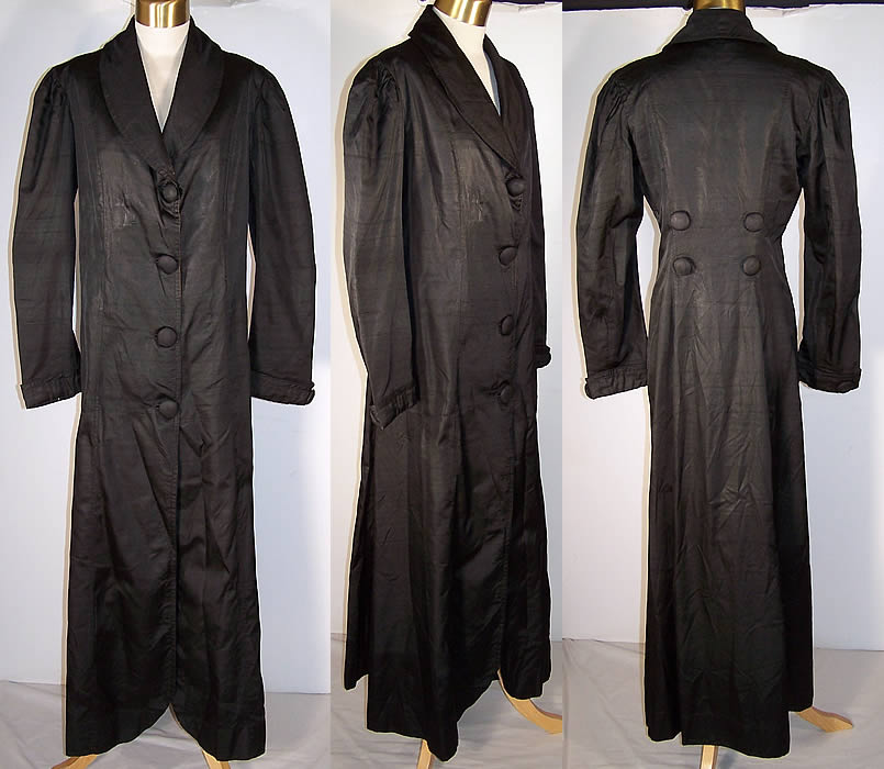 Edwardian Womens Black Silk Duster Travel Motoring Coat   Front view.