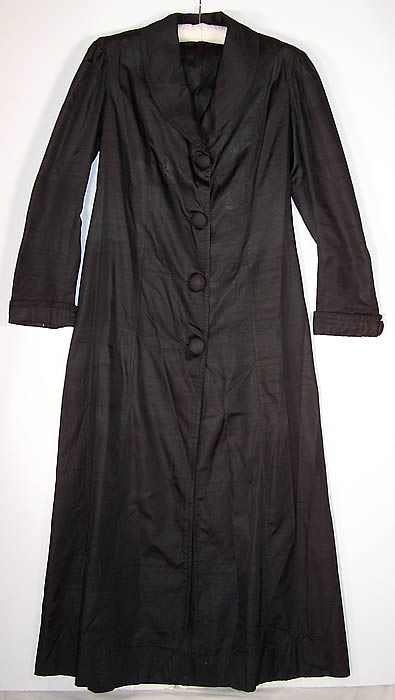 Edwardian Womens Black Silk Duster Travel Motoring Coat  front flat view.