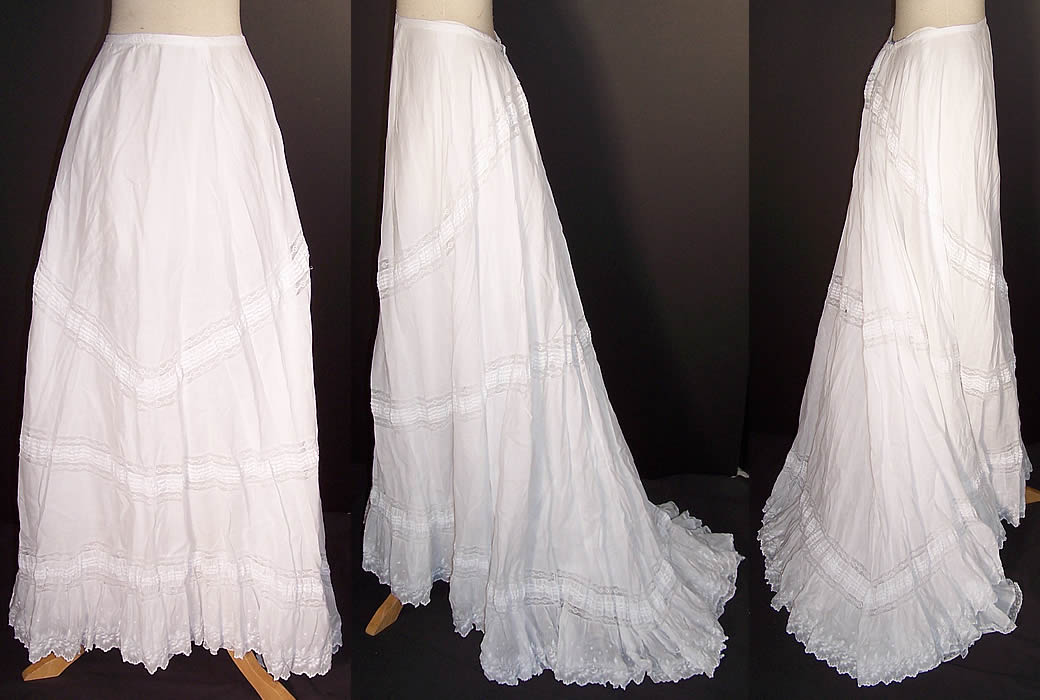 Victorian White Batiste Lace Train Wedding Petticoat Skirt  Front view.