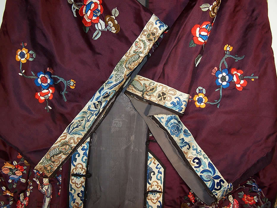 Chinese Figural Embroidered Aubergine Silk Robe Coat sleeve cuff View.