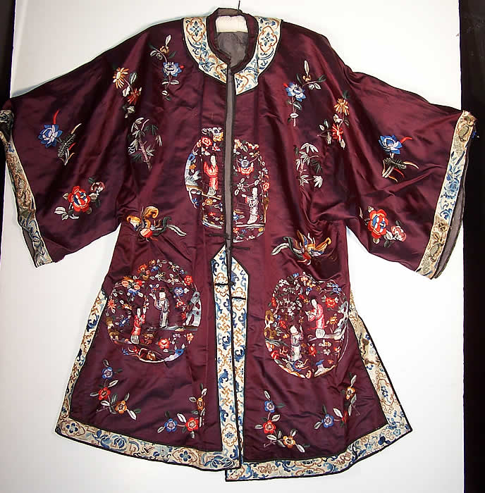 Chinese Figural Embroidered Aubergine Silk Robe Coat front view