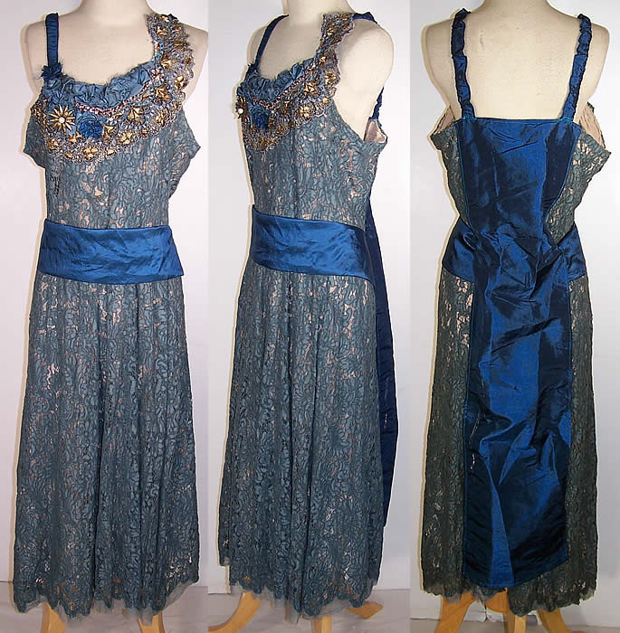 Blue Bretonne Needle Lace Gold Embroidered Slip Dress  Front view.