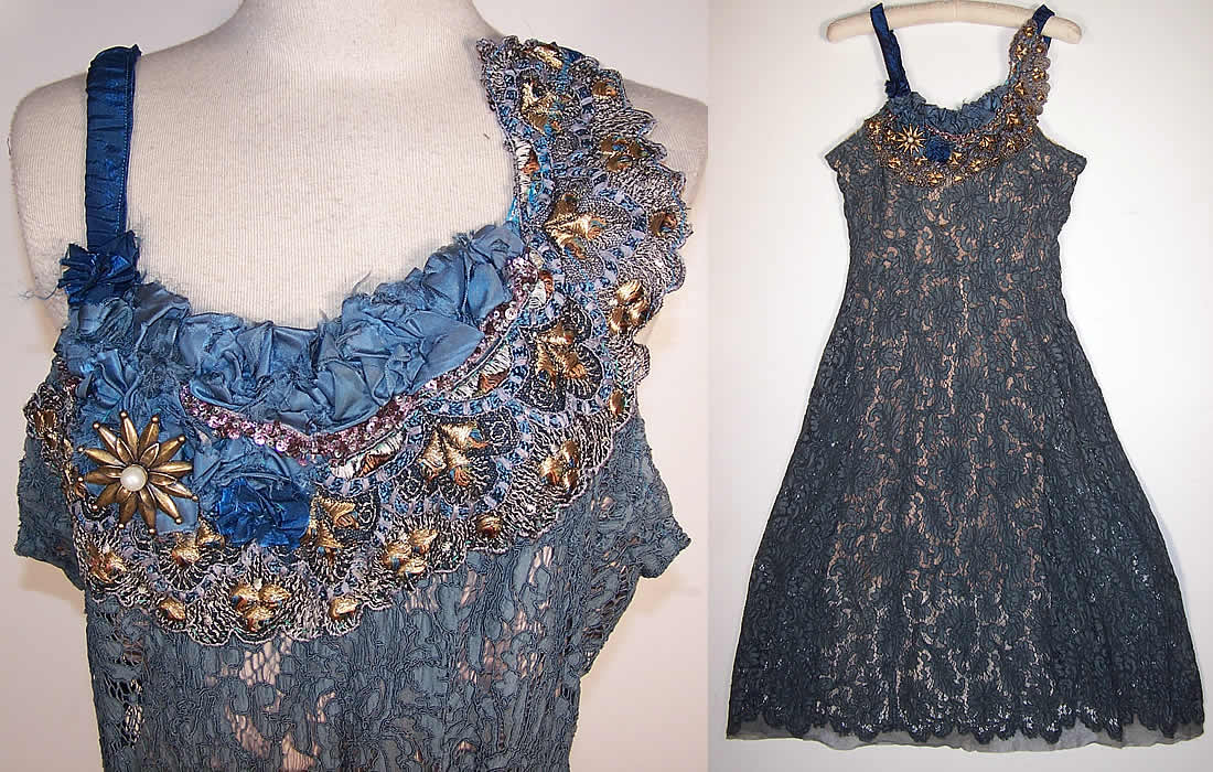 Blue Bretonne Needle Lace Gold Embroidered Slip Dress front View.