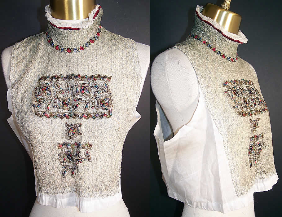 Edwardian Gold Silver Lace Embroidered Dickey Blouse  Front view.