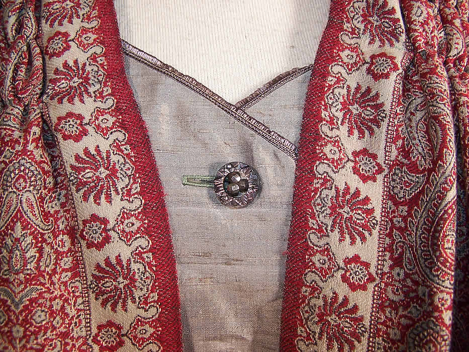 Regency Reproduction Wool Paisley Robe Coat Silk Dress Close up.