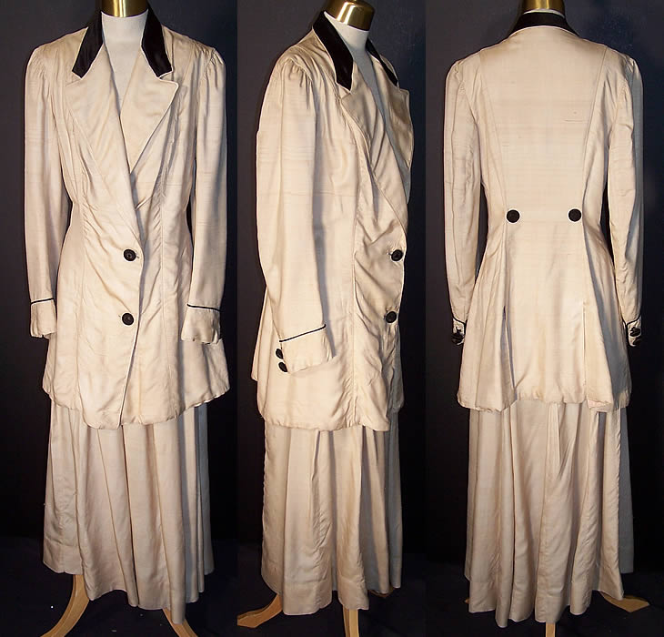 Edwardian Raw Silk Walking Suit Jacket Skirt Front view.