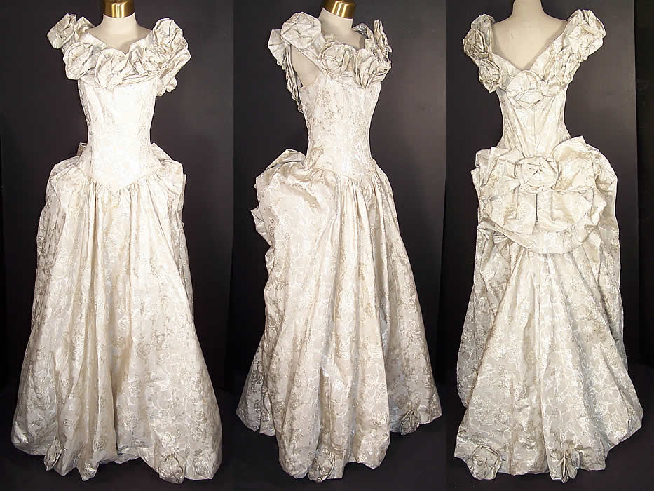 Vintage Silver Lam&eacute; Brocade Rosette Bustle Bow Ball Gown Dress  Front view.