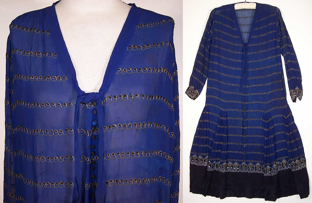 Vintage Art Deco Blue Silk Gold Embroidered Beaded Drop Waist Dress Front View.