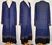 Vintage Art Deco Blue Silk Gold Embroidered Beaded Drop Waist Dress