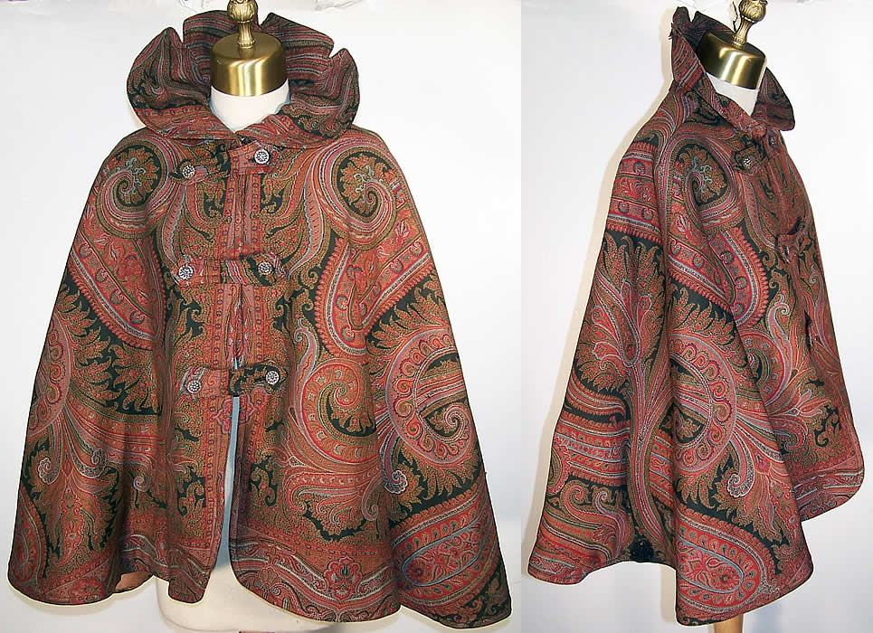 Victorian Wool Paisley Shawl Stand Up Collar Cloak Cape  Front view.