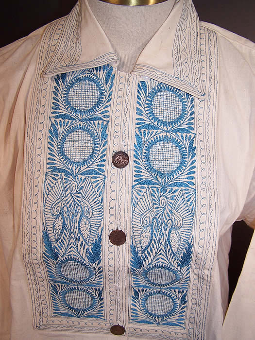 Vintage AJ Taylor Old Mexico Shop Santa Fe Embroidered Mexican Peso Shirt Front View.