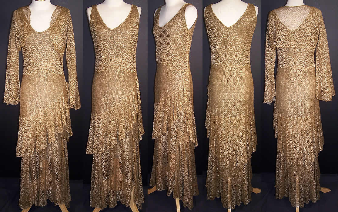 Vintage Gold Metallic Lam&eacute; Lace Bias Cut Evening Gown Dress Bolero Jacket   Front view.