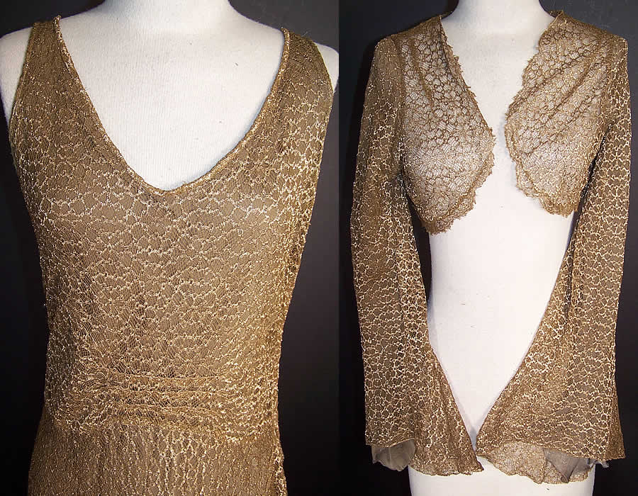 Vintage Gold Metallic Lam&eacute; Lace Bias Cut Evening Gown Dress Bolero Jacket front View.