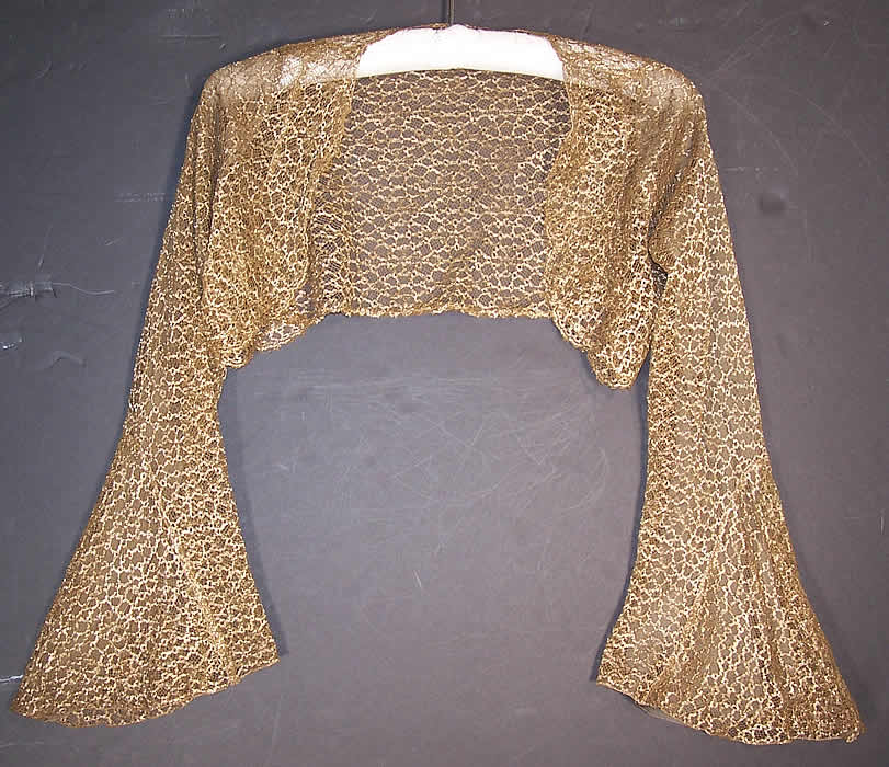 Vintage Gold Metallic Lam&eacute; Lace Bias Cut Evening Gown Dress Bolero Jacket  Close up.