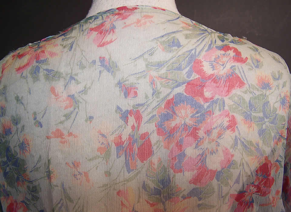 Vintage Blue Silk Chiffon Wildflower Floral Print Drop Waist Dress back view.