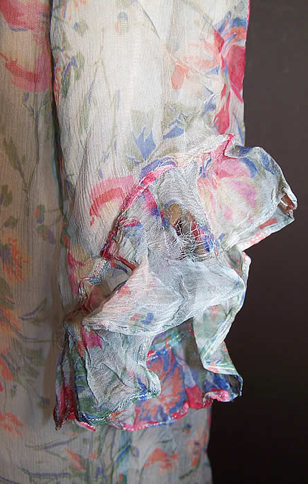 Vintage Blue Silk Chiffon Wildflower Floral Print Drop Waist Dress  Close up.