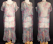 Vintage Blue Silk Chiffon Wildflower Floral Print Drop Waist Dress 