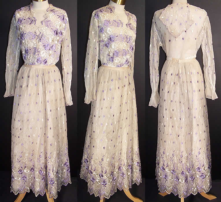Edwardian Suffragette Purple & White Embroidered Floral Polka Dot Net Lace Dress Blouse Skirt  Front view.