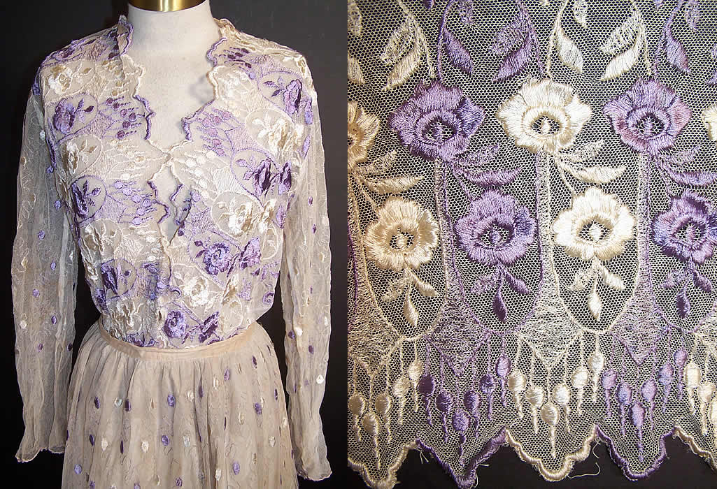 Edwardian Suffragette Purple & White Embroidered Floral Polka Dot Net Lace Dress Blouse Skirt Close-up View.
