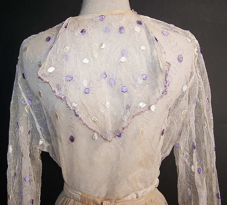 Edwardian Suffragette Purple & White Embroidered Floral Polka Dot Net Lace Dress Blouse Skirt back view.