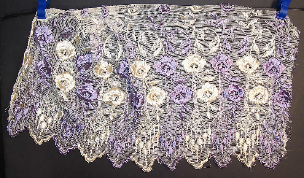 Edwardian Suffragette Purple & White Embroidered Floral Polka Dot Net Lace Dress Blouse Skirt Close up.
