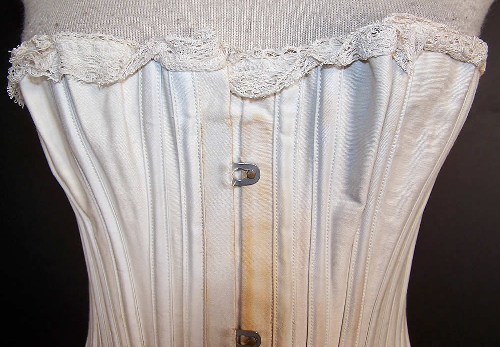 Victorian White Cotton Coutil Lace S Bend Hourglass Corset close-up view.