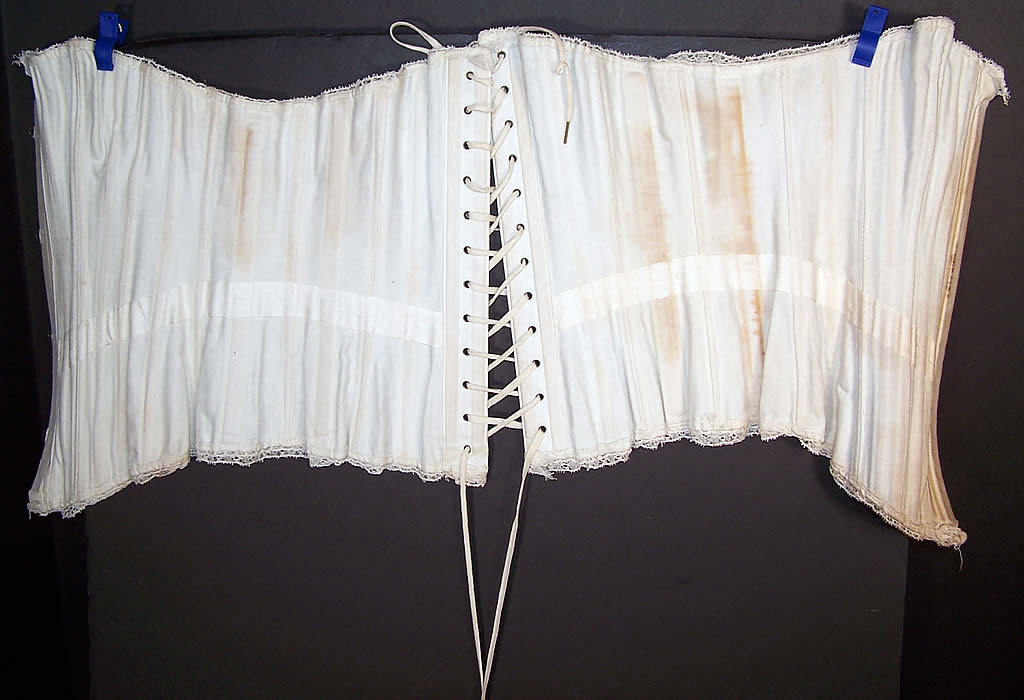Victorian White Cotton Coutil Lace S Bend Hourglass Corset inside view.