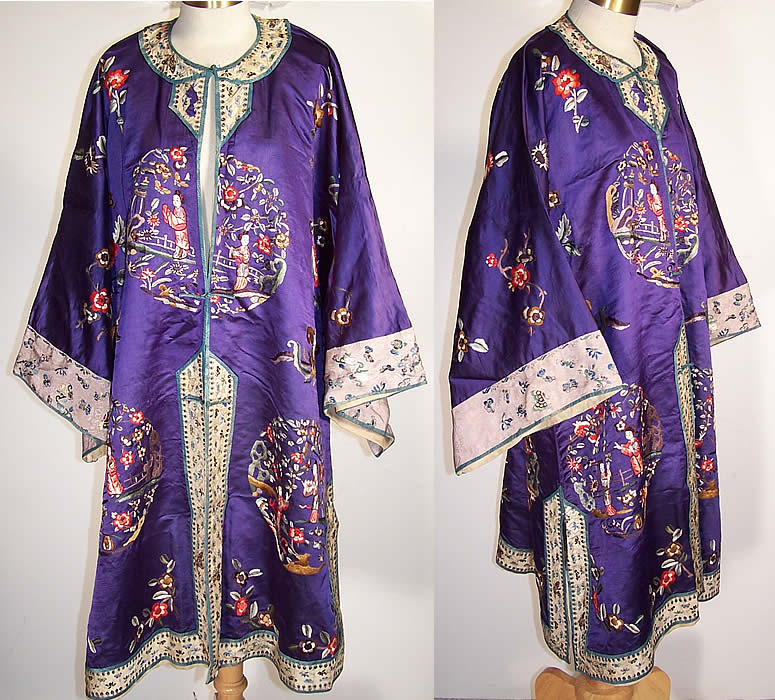 Vintage Chinese Figural Floral Butterfly Embroidered Purple Silk Robe Coat  Front view.