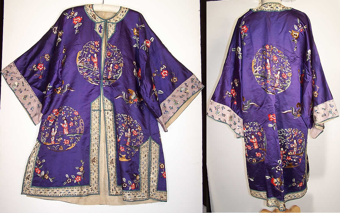 Vintage Chinese Figural Floral Butterfly Embroidered Purple Silk Robe Coat front back view.