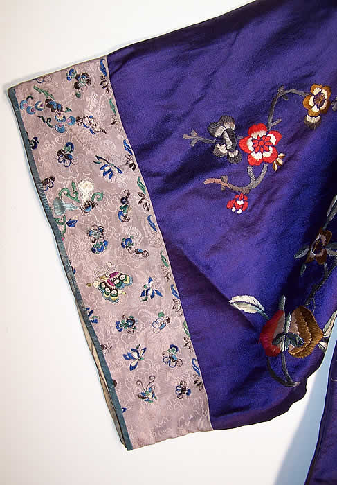 Vintage Chinese Figural Floral Butterfly Embroidered Purple Silk Robe Coat Close up.