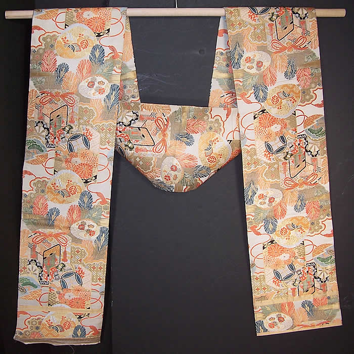Vintage Japanese Geisha Orange Silk Gold Brocade Gift Cart Wheel Kimono Obi Sash  Front view.