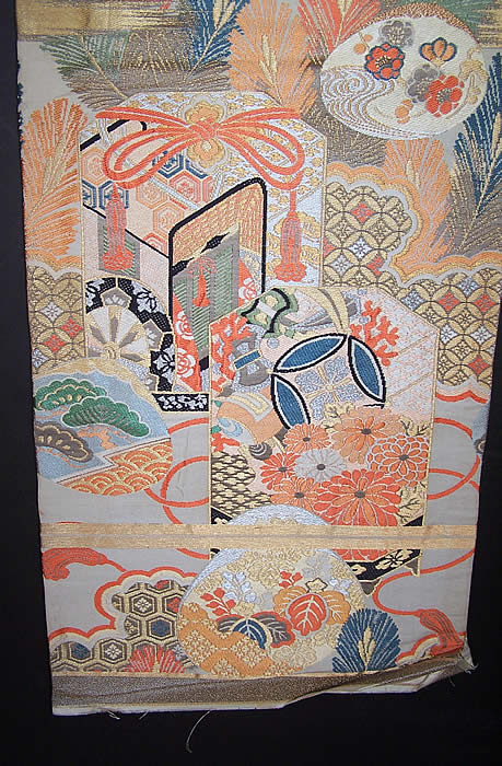 Vintage Japanese Geisha Orange Silk Gold Brocade Gift Cart Wheel Kimono Obi Sash side view.