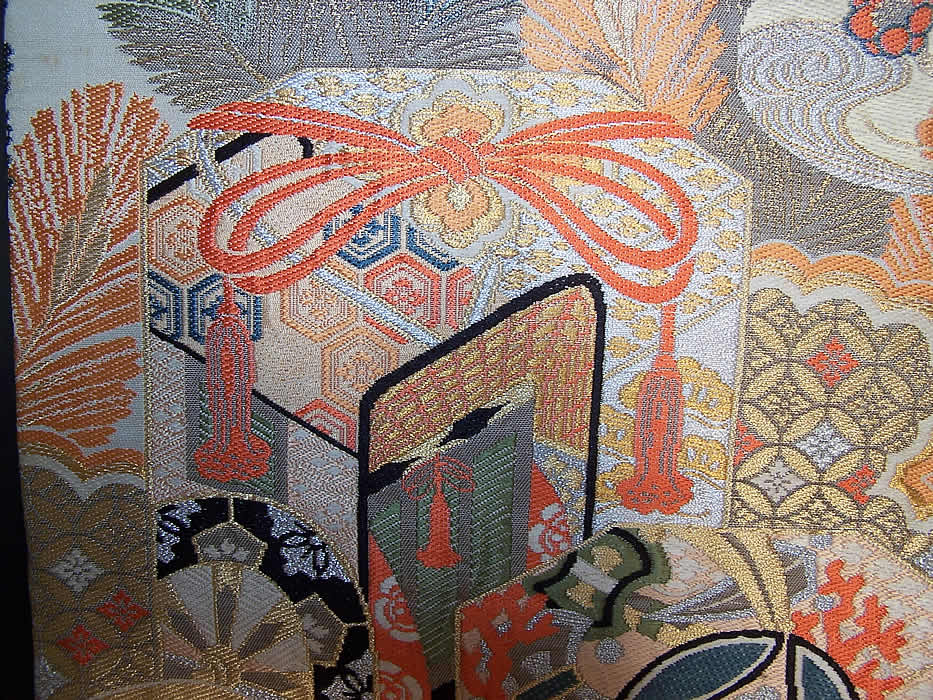 Vintage Japanese Geisha Orange Silk Gold Brocade Gift Cart Wheel Kimono Obi Sash Close up.