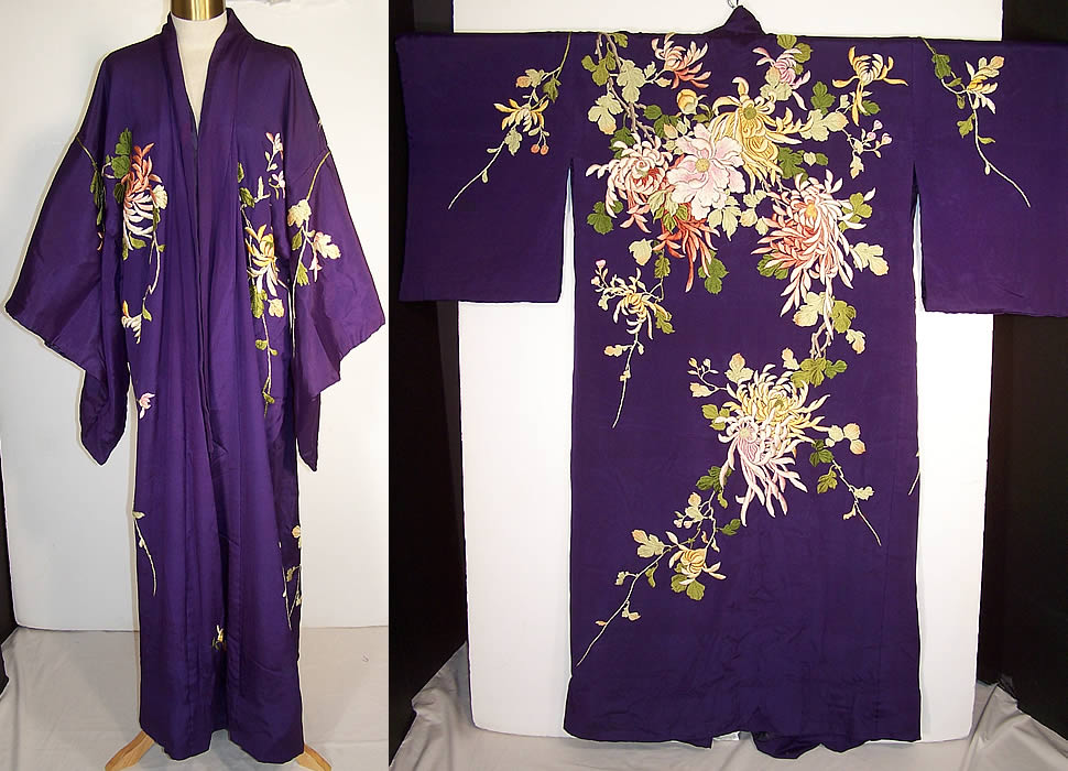 Antique Japanese Purple Silk Padded Satin Stitch Embroidery Chrysanthemum Kimono   Front view.