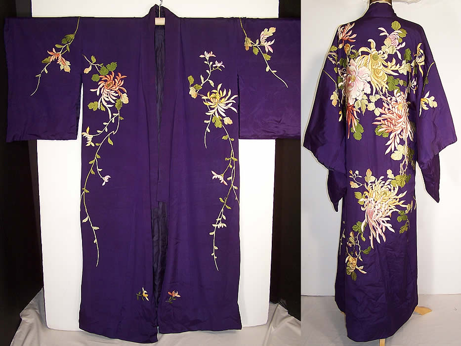 Antique Japanese Purple Silk Padded Satin Stitch Embroidery Chrysanthemum Kimono  Back View.