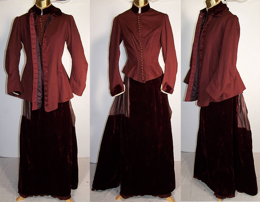 Victorian Burgundy Wool Velvet Bustle Skirt Bodice Jacket Visiting Gown Dress  Front view.