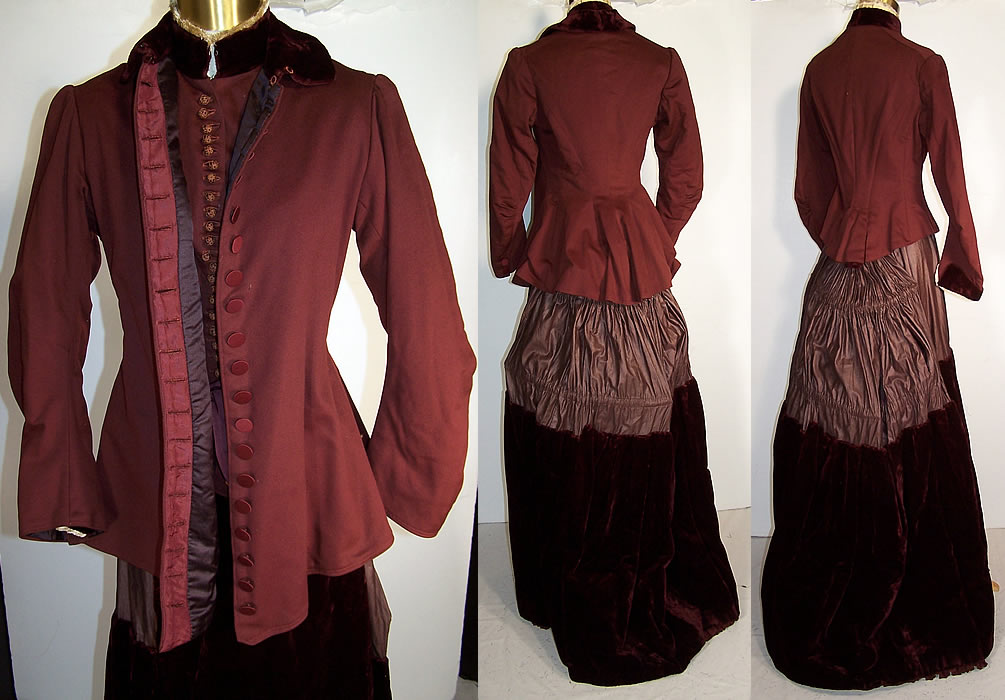 Victorian Burgundy Wool Velvet Bustle Skirt Bodice Jacket Visiting Gown Dress Back View.