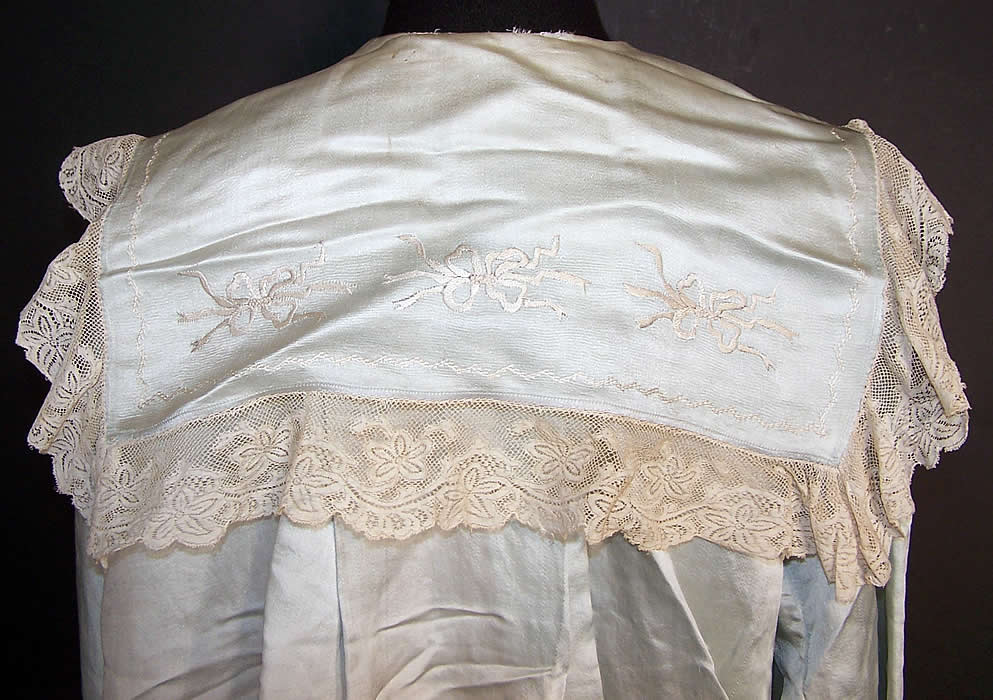 Edwardian Blue Silk Embroidered Bow Lace Bed Jacket Robe Petticoat Skirt Trousseau back top view.