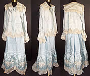 Edwardian Blue Silk Embroidered Bow Lace Bed Jacket Robe Petticoat Skirt Trousseau