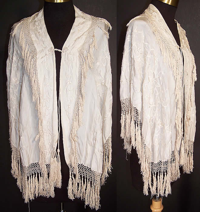 Antique White Silk Embroidered Tassel Wedding Shawl Cape Cloak   Front view.