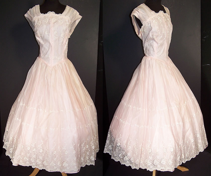Vintage Carol Gowns Mr Walter Pink Organdy Eyelet Embroidered Circle Skirt Dress  Front view.