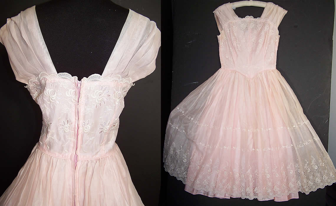 Vintage Carol Gowns Mr Walter Pink Organdy Eyelet Embroidered Circle Skirt Dress Close up.