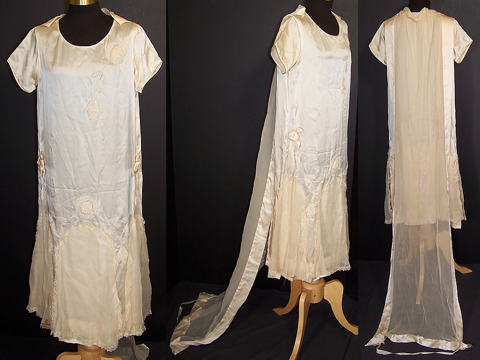 Vintage Cream Silk Beaded Rosette Wedding Dress Watteau Train Gown  Front view.