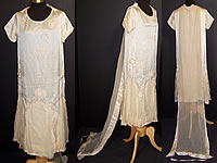 Vintage Cream Silk Beaded Rosette Wedding Dress Watteau Train Gown