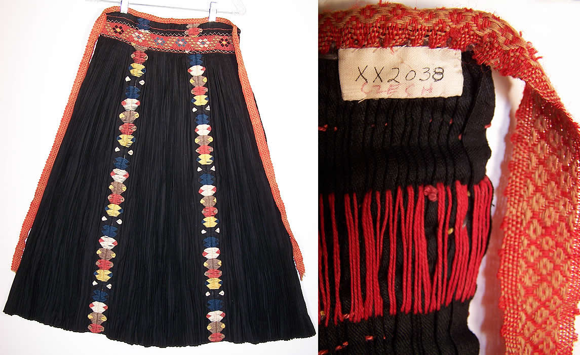 Vintage Czech Bohemia Folk Costume Pleated Embroidered Apron Skirt front view and label