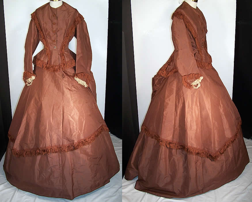 Victorian Brown Silk Fringe Bustle Hoop Skirt Apron Bodice Day Dress  Front view.