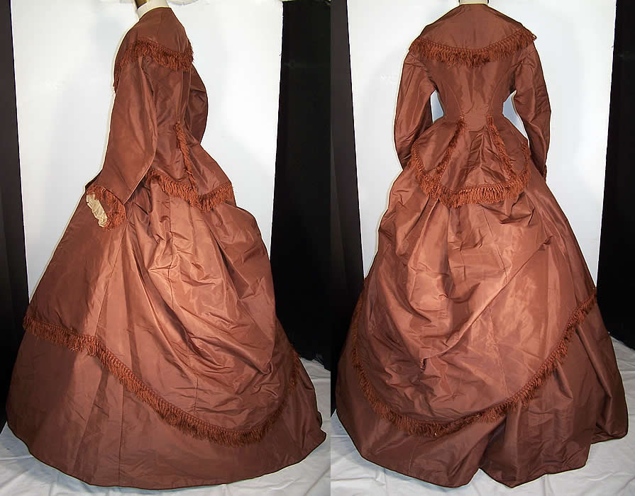 Victorian Brown Silk Fringe Bustle Hoop Skirt Apron Bodice Day Dress Back View.